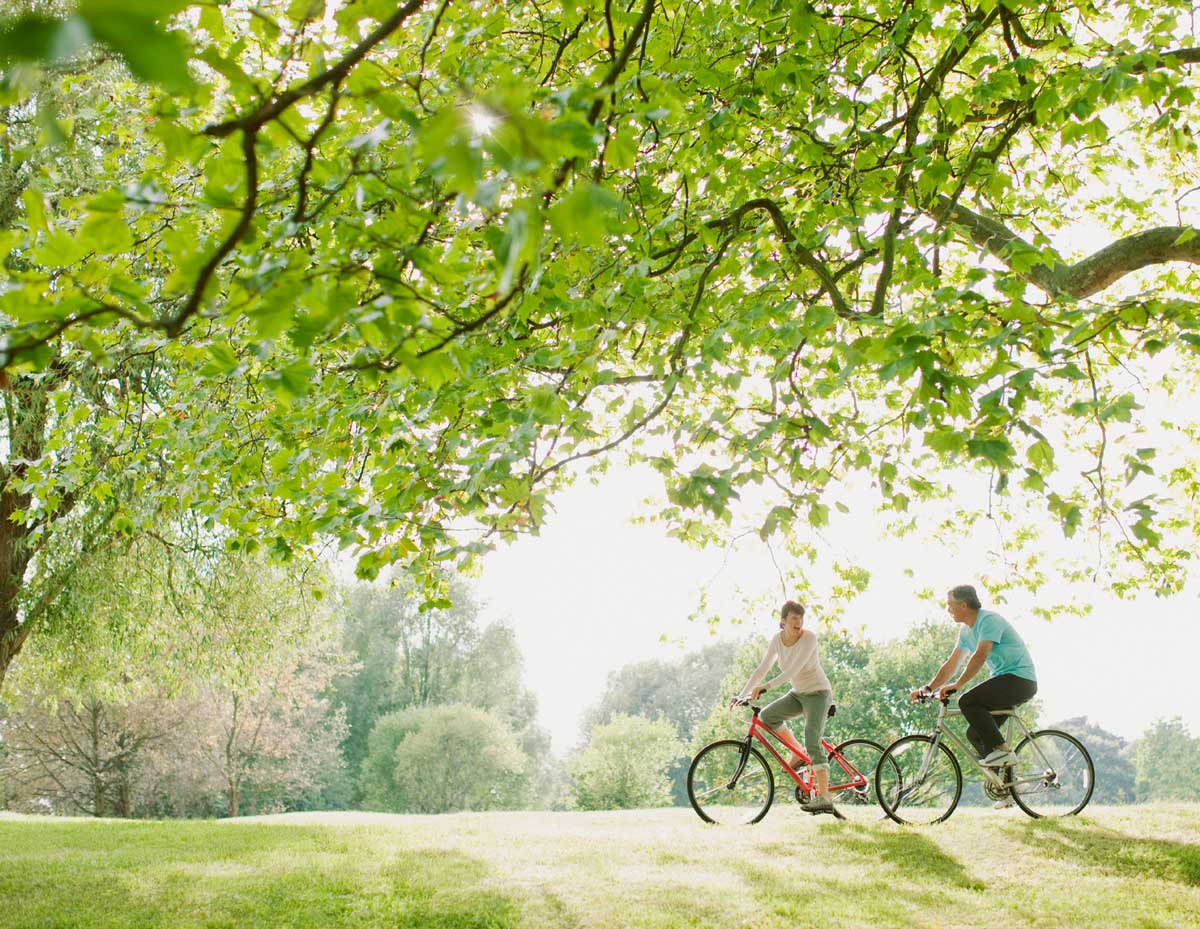 An active couple riding bicycles on a shaded greenway, enjoying the outdoors on a sunny afternoon.